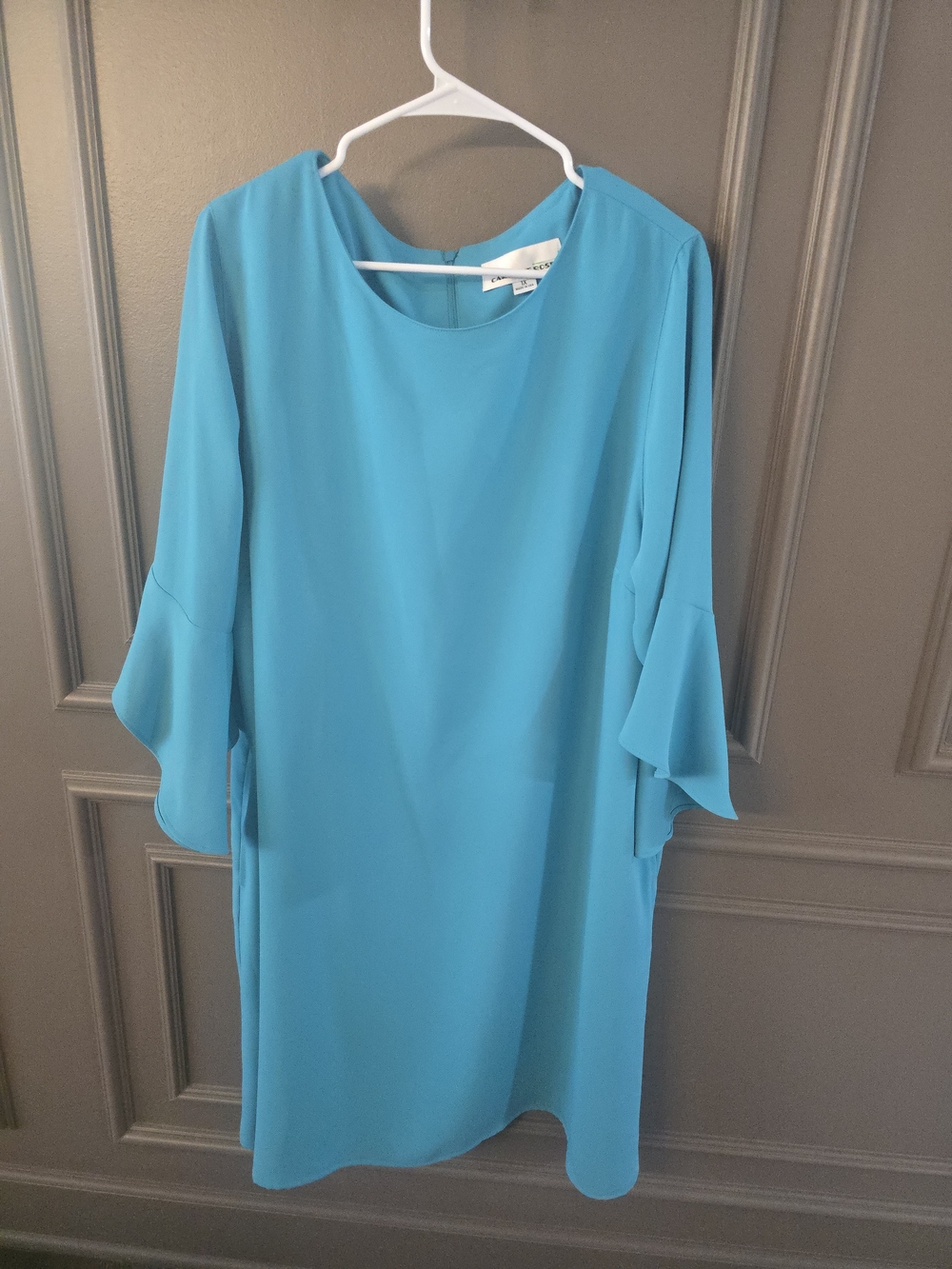 Ladies' Teal Long-Sleeve Shift Dress with Ruffle Cuffs